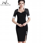 Nice-forever Polka Dots Elegant Women Patchwork Buttons Square Neck Sheath Dress business Wear to Work Split Pencil dresses b47