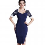 Nice-forever Polka Dots Elegant Women Patchwork Buttons Square Neck Sheath Dress business Wear to Work Split Pencil dresses b47