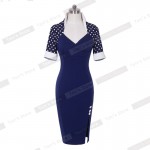 Nice-forever Polka Dots Elegant Women Patchwork Buttons Square Neck Sheath Dress business Wear to Work Split Pencil dresses b47