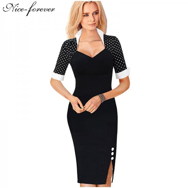 Nice-forever Polka Dots Elegant Women Patchwork Buttons Square Neck Sheath Dress business Wear to Work Split Pencil dresses b47