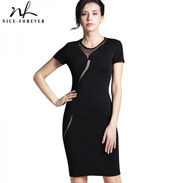 Nice-forever Sexy Illusion Slim Fashion Mesh Women Clubwear Full Zip Back Black Patchwork dress Elegant Slim Pencil Dress B215