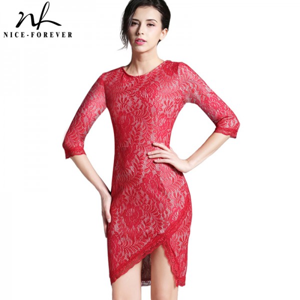 Nice-forever Sexy Pinup Lace Asymmetrical Summer Red Lace dress Sheath Women Print Sexy Half Sleeve Bodycon Mini Dress b205