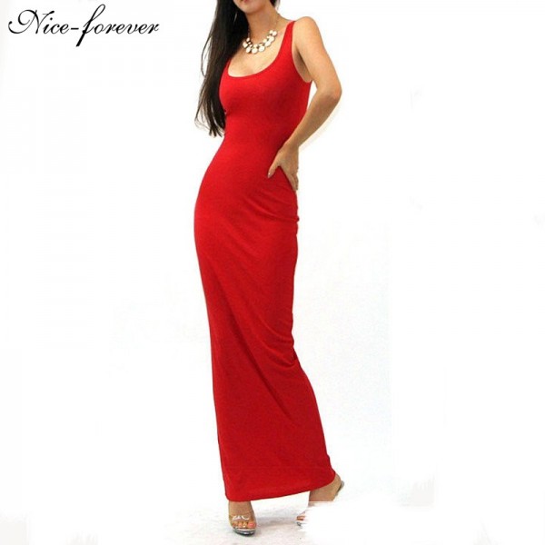Nice-forever Sexy sleeveless solid tank BASIC scoop neck Ankle Length Racerback casual long maxi Summer beach Bodycon dress 801
