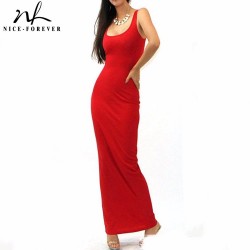Nice-forever Sexy sleeveless solid tank BASIC scoop neck Ankle Length Racerback casual long maxi Summer beach Bodycon dress 801