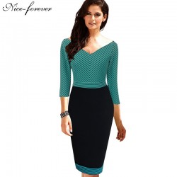 Nice-forever Sheath Casual Dress Elegant Business Women V neck 3/4 Sleeve Patchwork Fashion Formal Bodycon Pencil Dress b234