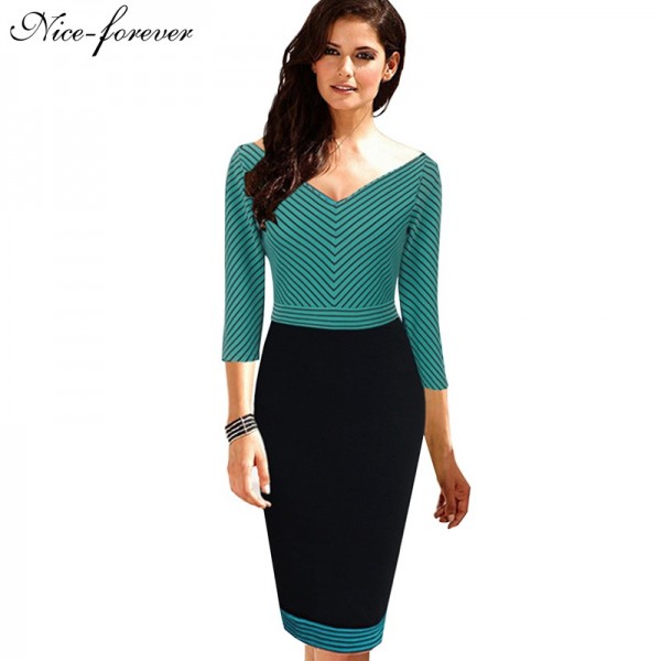 Nice-forever Sheath Casual Dress Elegant Business Women V neck 3/4 Sleeve Patchwork Fashion Formal Bodycon Pencil Dress b234