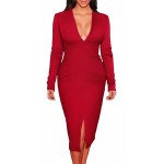 Nice-forever Solid Black Sexy Deep V neck Women long sleeve Plunge Club Autumn Front Split Slimming Sheath dress Midi Dress 826