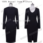 Nice-forever Solid Black Sexy Deep V neck Women long sleeve Plunge Club Autumn Front Split Slimming Sheath dress Midi Dress 826