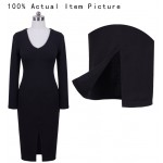 Nice-forever Solid Black Sexy Deep V neck Women long sleeve Plunge Club Autumn Front Split Slimming Sheath dress Midi Dress 826