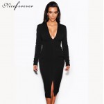 Nice-forever Solid Black Sexy Deep V neck Women long sleeve Plunge Club Autumn Front Split Slimming Sheath dress Midi Dress 826