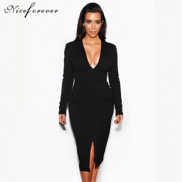 Nice-forever Solid Black Sexy Deep V neck Women long sleeve Plunge Club Autumn Front Split Slimming Sheath dress Midi Dress 826