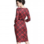Nice-forever Spring Lady Vintage Tartan Red New Year Fitted Dress O Neck 3/4 Sleeve Belt Peplum Casual Zipper Pencil Dress B267