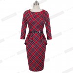 Nice-forever Spring Lady Vintage Tartan Red New Year Fitted Dress O Neck 3/4 Sleeve Belt Peplum Casual Zipper Pencil Dress B267