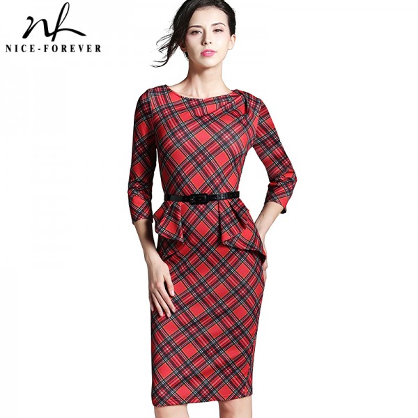 Nice-forever Spring Lady Vintage Tartan Red New Year Fitted Dress O Neck 3/4 Sleeve Belt Peplum Casual Zipper Pencil Dress B267