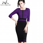 Nice-forever Spring Work Dress Patchwork Round Neck 3/4 Sleeve Business Fashion Sheath Bodycon Female Casual Pencil Dress B235