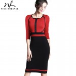 Nice-forever Spring Work Dress Patchwork Round Neck 3/4 Sleeve Business Fashion Sheath Bodycon Female Casual Pencil Dress B235