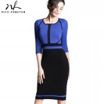 Nice-forever Spring Work Dress Patchwork Round Neck 3/4 Sleeve Business Fashion Sheath Bodycon Female Casual Pencil Dress B235