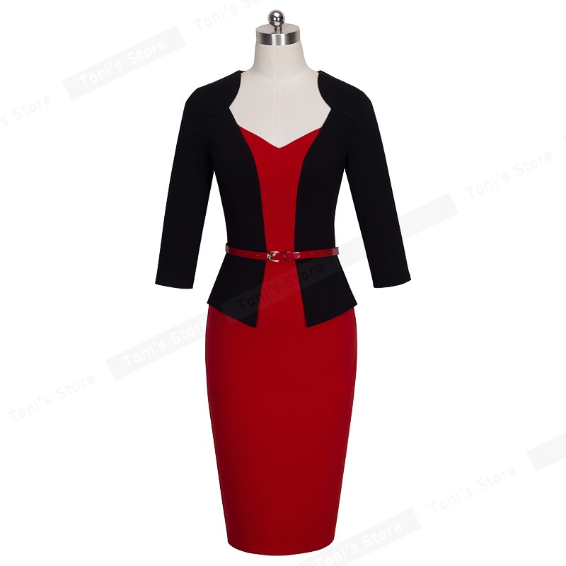 Nice Forever Stylish One Piece Faux Jacket Elegant V Neck Work Dress