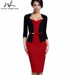 Nice-forever Stylish One-piece Faux Jacket Elegant V-neck Work dress Office Bodycon Female 3/4 Sleeve Sheath Woman Dress B328