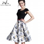 Nice-forever Summer Floral Casual Stylish Elegant Print Charming Women O Neck Sleeveless Zipper Work Office Expansion Dress A009