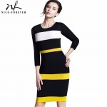 Nice-forever Summer Office Lady Illusion Patchwork Fitted Dress Casual O Neck Sleeveless Zip Back Dark Blue Chic Work Dress b275