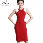Nice-forever Summer Vogue Women Optional Illusion Patchwork Vintage Dress Sleeveless Round Neck Slim Fit Pencil Casual Dress 619