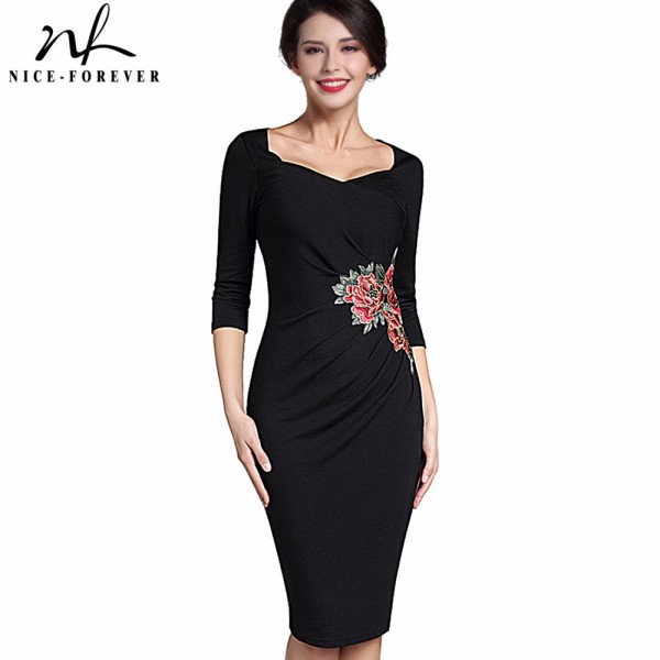 Nice-forever Vintage Applique Flower embroidery Sweat heart neck Office Dress Bodycon Female 3/4 Sleeve Sheath Women Dress B347