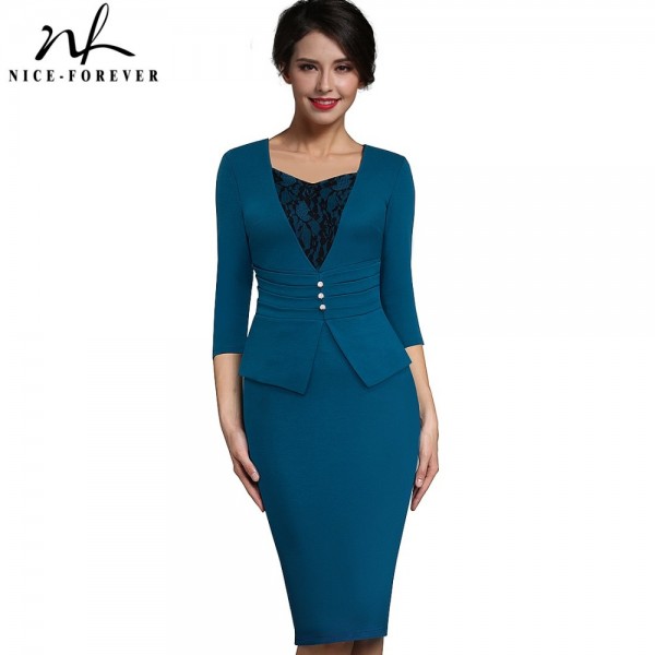 Nice-forever Vintage Brief Elegant Lace Casual Work 3/4 Sleeve Sweat Heart-Neck Bodycon Knee Women Office Pencil Dress B361