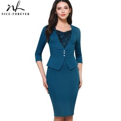 Nice-forever Vintage Brief Elegant Lace Casual Work 3/4 Sleeve Sweat Heart-Neck Bodycon Slim Women Office Pencil Dress B361