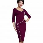 Nice-forever Vintage Brief Split Bottom Elegant Casual Work 3/4 Sleeve Deep O-Neck Bodycon Knee Women Office Pencil Dress B329