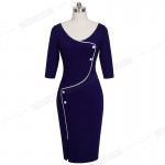 Nice-forever Vintage Brief Split Bottom Elegant Casual Work 3/4 Sleeve Deep O-Neck Bodycon Knee Women Office Pencil Dress B329