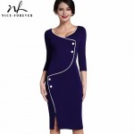 Nice-forever Vintage Brief Split Bottom Elegant Casual Work 3/4 Sleeve Deep O-Neck Bodycon Knee Women Office Pencil Dress B329