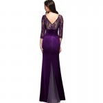 Nice-forever Vintage Grace Sexy Deep Back Lace V-Neck Grand Women Sleeve Celebrity Bodycon Maxi Long Gauze Mermaid Dress A019