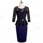 Nice-forever Vintage Ladylike Sexy Lace top 3/4 Sleeve O-Neck Peplum Tunic Bodycon Women Wear to Work Office Pencil Dress B360