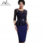 Nice-forever Vintage Ladylike Sexy Lace top 3/4 Sleeve O-Neck Peplum Tunic Bodycon Women Wear to Work Office Pencil Dress B360