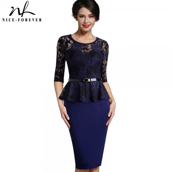 Nice-forever Vintage Ladylike Sexy Lace top 3/4 Sleeve O-Neck Peplum Tunic Bodycon Women Wear to Work Office Pencil Dress B360