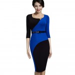 Nice-forever Vintage Mature Classic Work Patchwork Contrast Color 3/4 Sleeve O-Neck Tunic Bodycon Women Office Pencil Dress B358