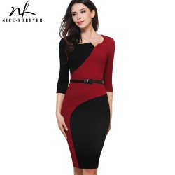 Nice-forever Vintage Mature Classic Work Patchwork Contrast Color 3/4 Sleeve O-Neck Tunic Bodycon Women Office Pencil Dress B358