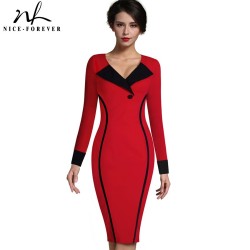 Nice-forever Vintage Mature Elegant Patchwork Button Long Sleeve V-Neck Bodycon Women Office Work Pencil Slim Dress B355