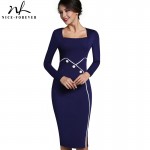 Nice-forever Vintage Mature Elegant Work Button Patchwork Long Sleeve Square-Neck Bodycon Women Office Pencil Dress B353