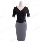 Nice-forever Vintage Mature Patchwork Short Button Sleeve V-Neck Wear to Work Bodycon Women Office Pencil Slim Dress B364