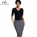 Nice-forever Vintage Mature Patchwork Short Button Sleeve V-Neck Wear to Work Bodycon Women Office Pencil Slim Dress B364