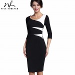 Nice-forever Vintage Stylish Ladylike Casual Patchwork 3/4 Sleeve O-Neck Bodycon Women Office Wear to work Pencil Dress B346