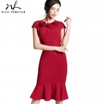 Nice-forever Vintage Trumpet Elegant Flower Summer Rose Round Neck Short Sleeve Solid Dress Casual Below Knee Mermaid dress B236