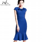 Nice-forever Vintage Trumpet Elegant Flower Summer Rose Round Neck Short Sleeve Solid Dress Casual Below Knee Mermaid dress B236