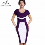 Nice-forever Vintage V-Neck Mature Elegant Patchwork Short sleeve Business Bodycon Office Casual Pencil Woman Work Dress B321