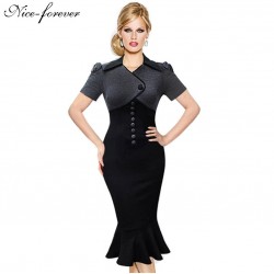 Nice-forever Vintage summer Button Celebrity pencil Formal dress patchwork Bodycon office work short sleeve women Midi dress b59