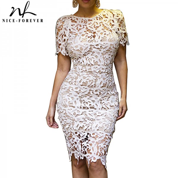 Nice-forever White Lace Dress Women Hollow out Sexy Club Dress embroidery Crochet Zip Back See through Unlined Bandage dress 790