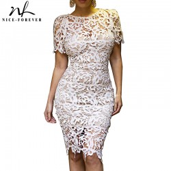 Nice-forever White Lace Dress Women Hollow out Sexy Club Dress embroidery Crochet Zip Back See through Unlined Bandage dress 790
