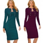 Nice-forever Winter Long Sleeve Buttons office Business Dress Elegant Plus Size Women Vintage Pinup Bodycon Pencil Dress b10
